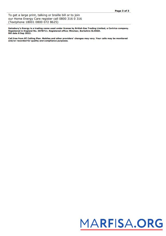 Realistic United Kingdom Sainsbury’s Energy (British Gas) bill, Word and PDF template, 3 pages 3